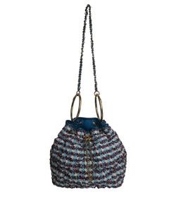 Tweed Medium CC Chain Drawstring Bag, fabric/leather, blue, 23847501,3*